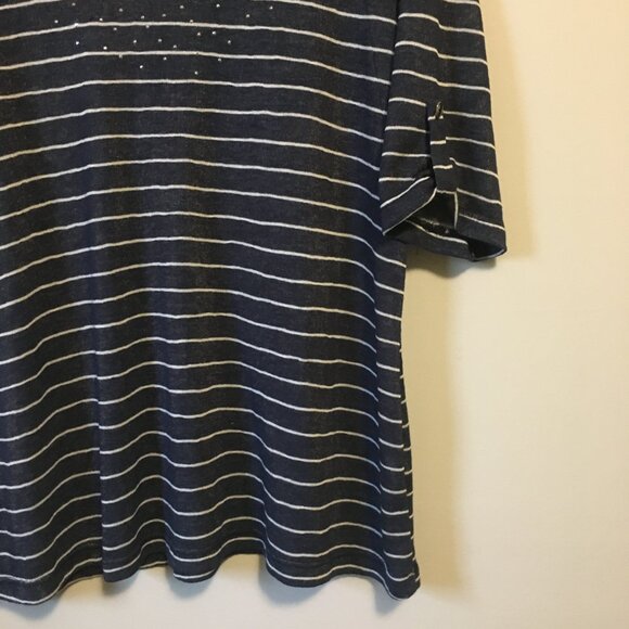Canadian Rhinestone Collar Half Sleeve Distressed Rayon Striped Top - Picture 5 of 16